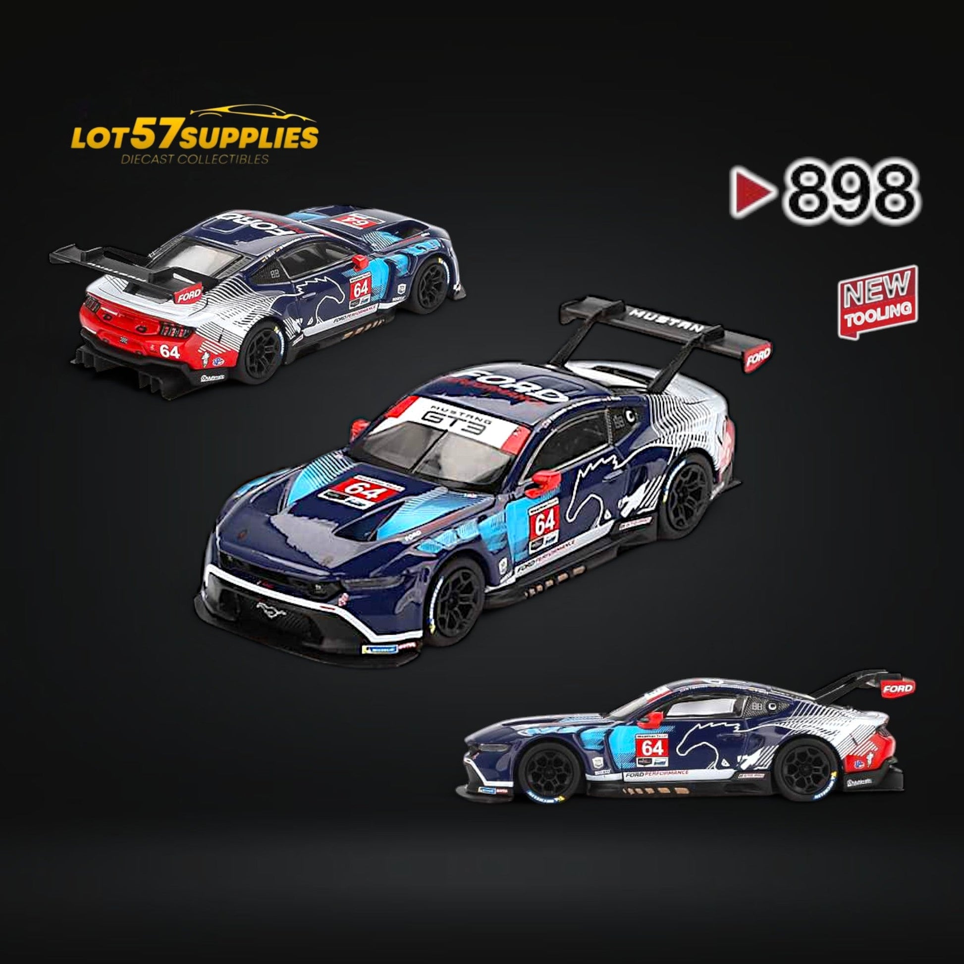 Mini-GT Ford Mustang GT3 diecast model in 1:64 scale from Lot57Supplies Diecast Shop, detailed blue sports car.