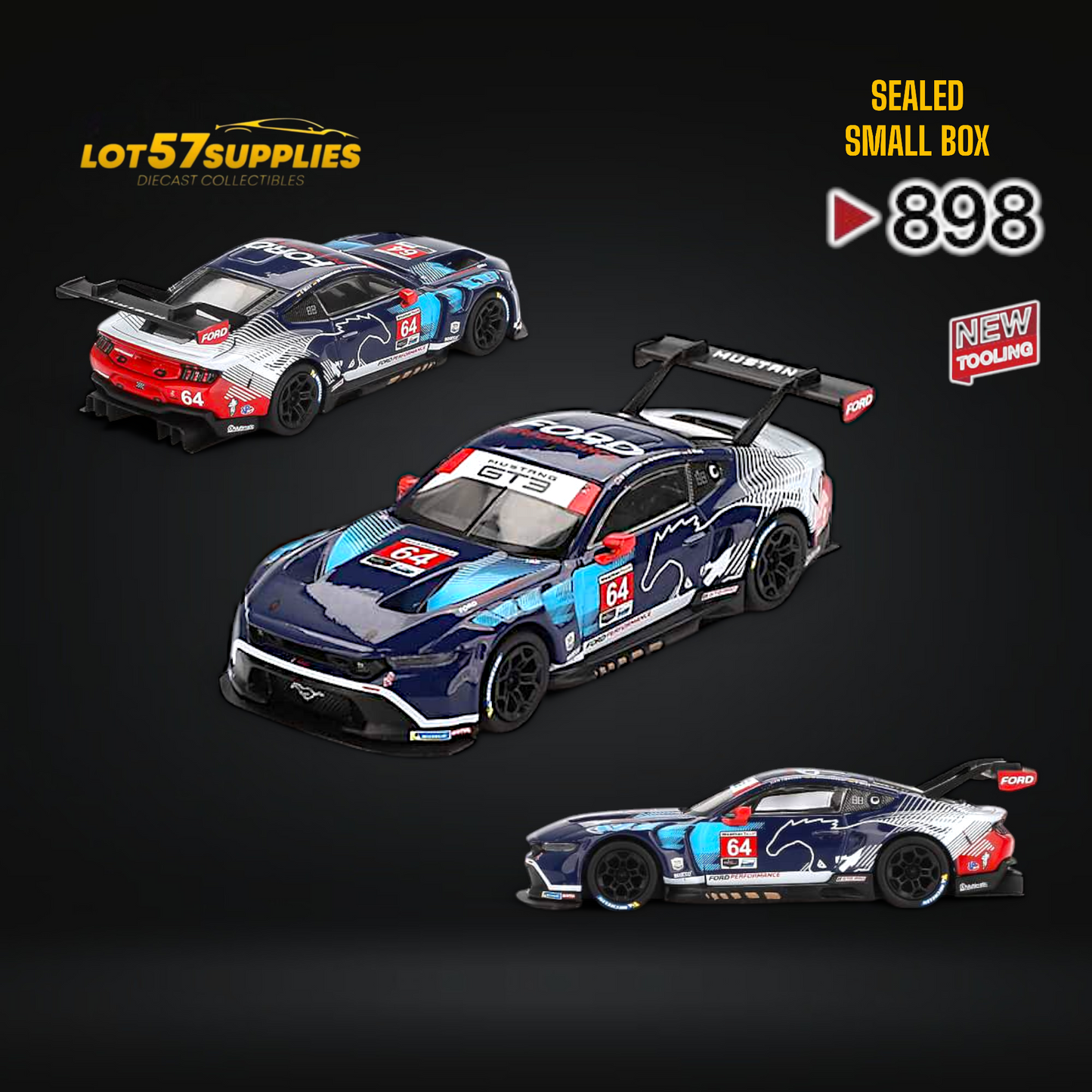Mini-GT Ford Mustang GT3 diecast model in 1:64 scale from Lot57Supplies, showcasing detailed blue Ford race car.
