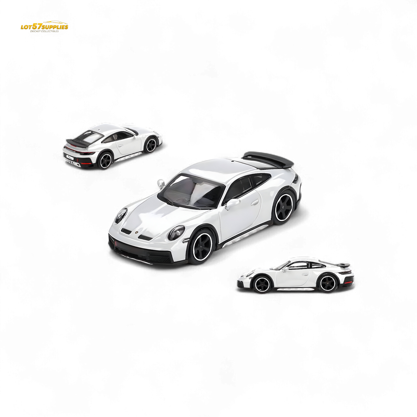 Mini-GT Porsche 911 Dakar diecast model in ice gray metallic, 1:64 scale, showcasing detailed design and sporty features.