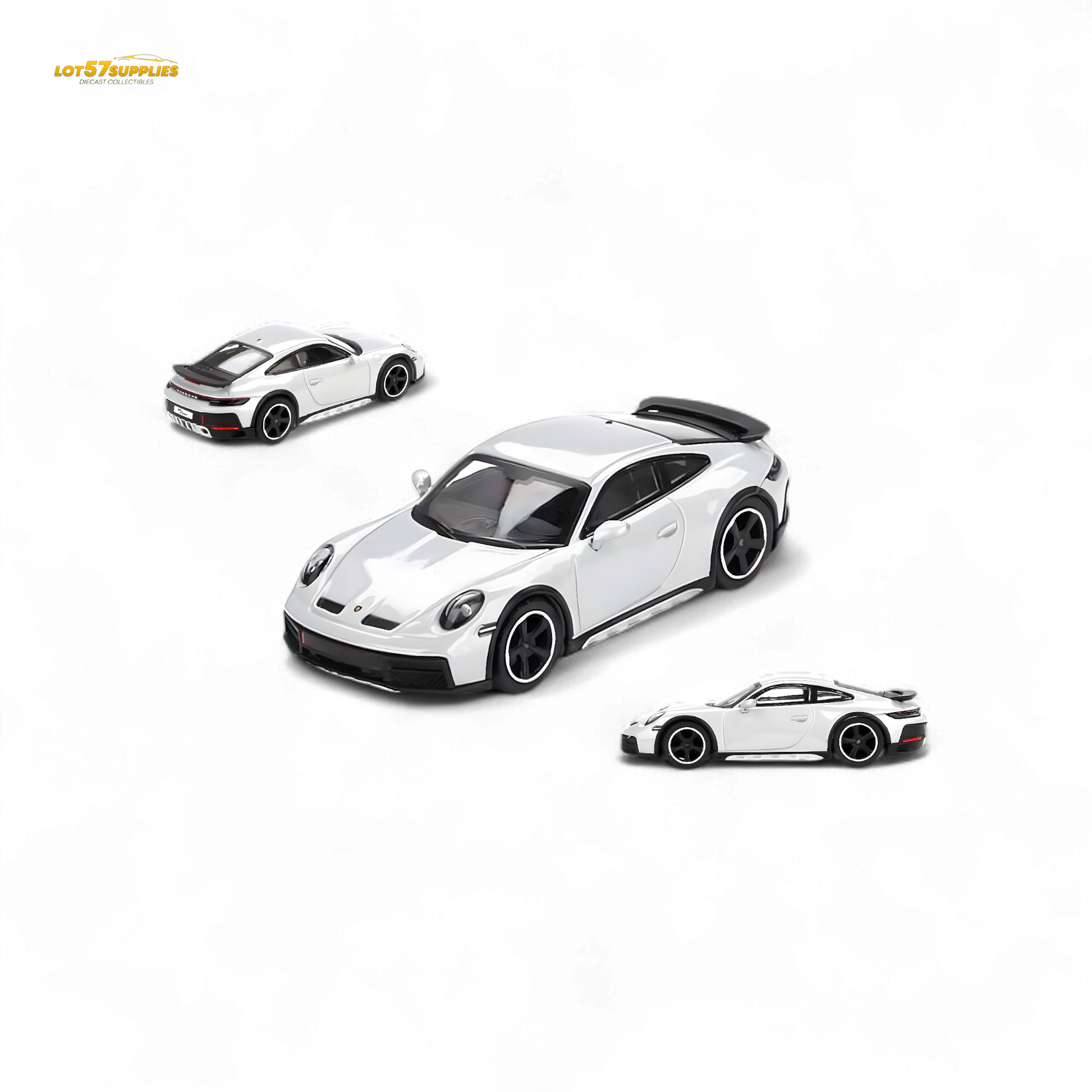 Mini-GT Porsche 911 Dakar diecast model in ice gray metallic, 1:64 scale, showcasing detailed design and sporty features.