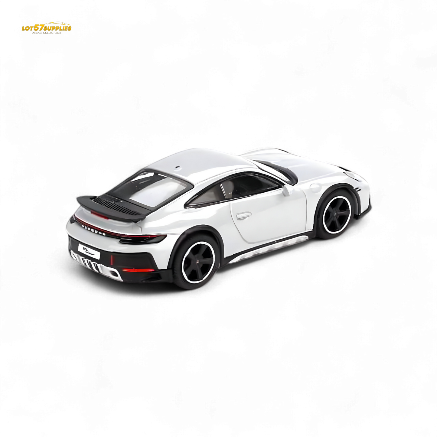 Mini-GT Porsche 911 Dakar diecast model in Ice Gray Metallic, 1:64 scale, detailed toy car for collectors