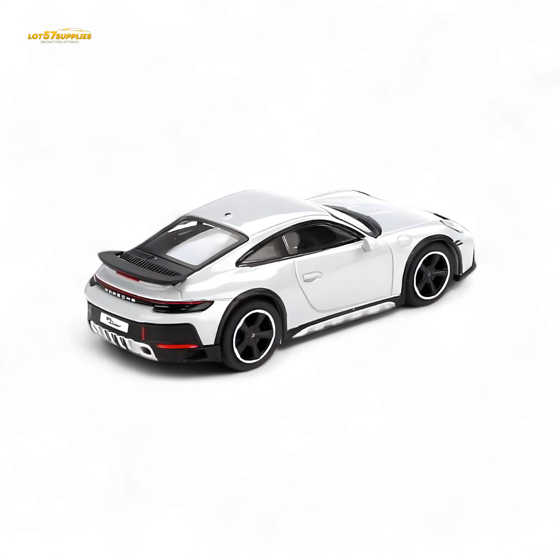 Mini-GT Porsche 911 Dakar diecast model in Ice Gray Metallic, 1:64 scale, detailed toy car for collectors