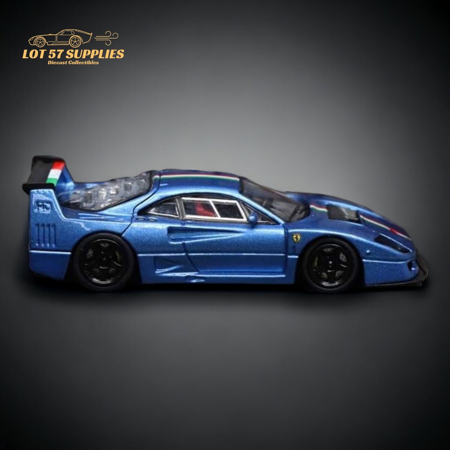 Diecast Ferrari Hunters F40 LM model by Lot57Supplies with Italian stripe in blue, 1:64 scale, detailed car replica.