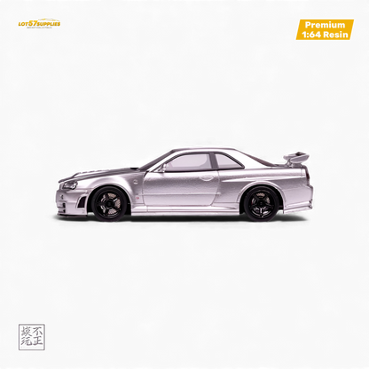 Silver Nissan Skyline GT-R R34 NISMO Z-TUNE diecast car model, 1:64 scale, featuring detailed exterior and authentic design.