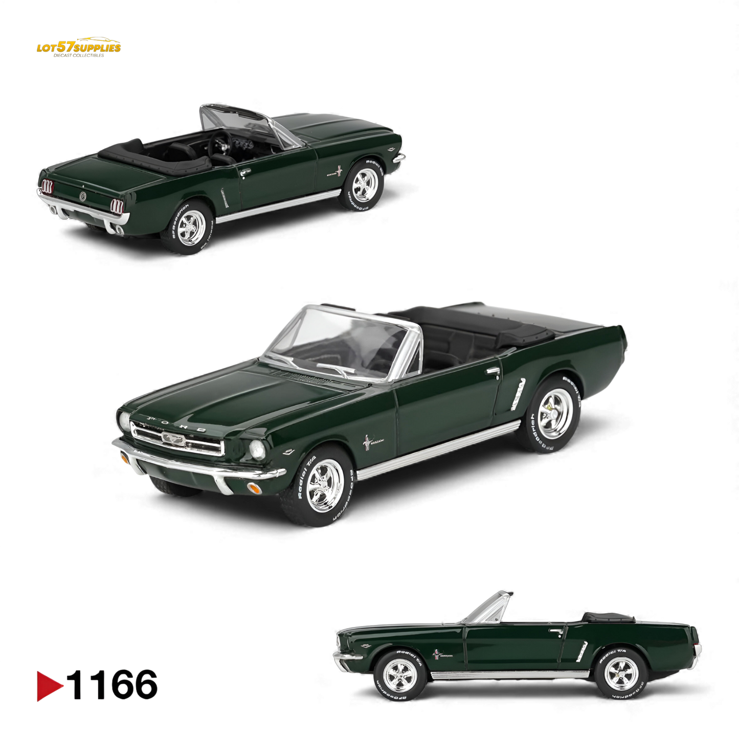 Mini-GT Ford Mustang convertible diecast model in 1:64 scale by Lot57Supplies Diecast Shop, detailed red and black convertible car.
