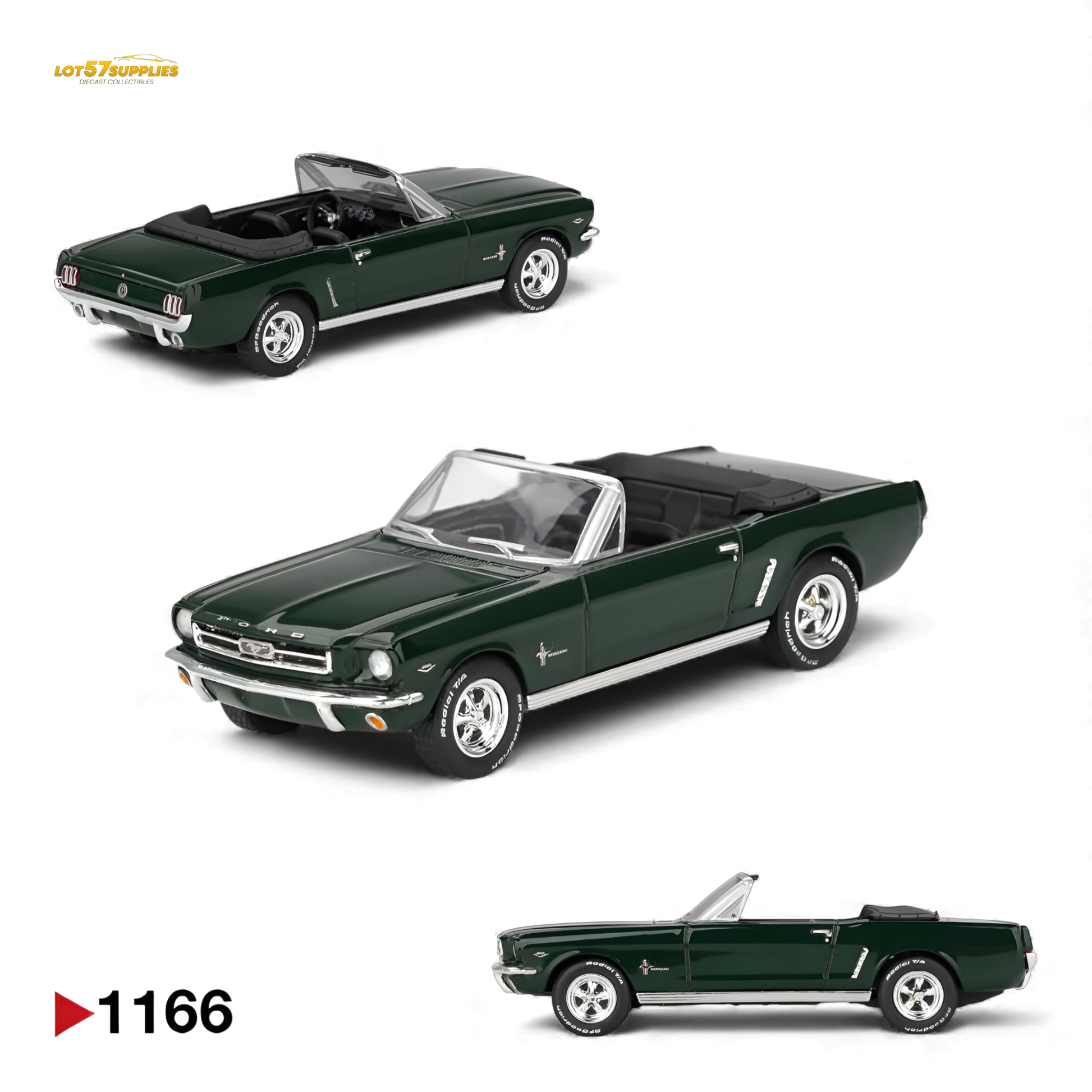 Mini-GT Ford Mustang convertible diecast model in 1:64 scale by Lot57Supplies Diecast Shop, detailed red and black convertible car.