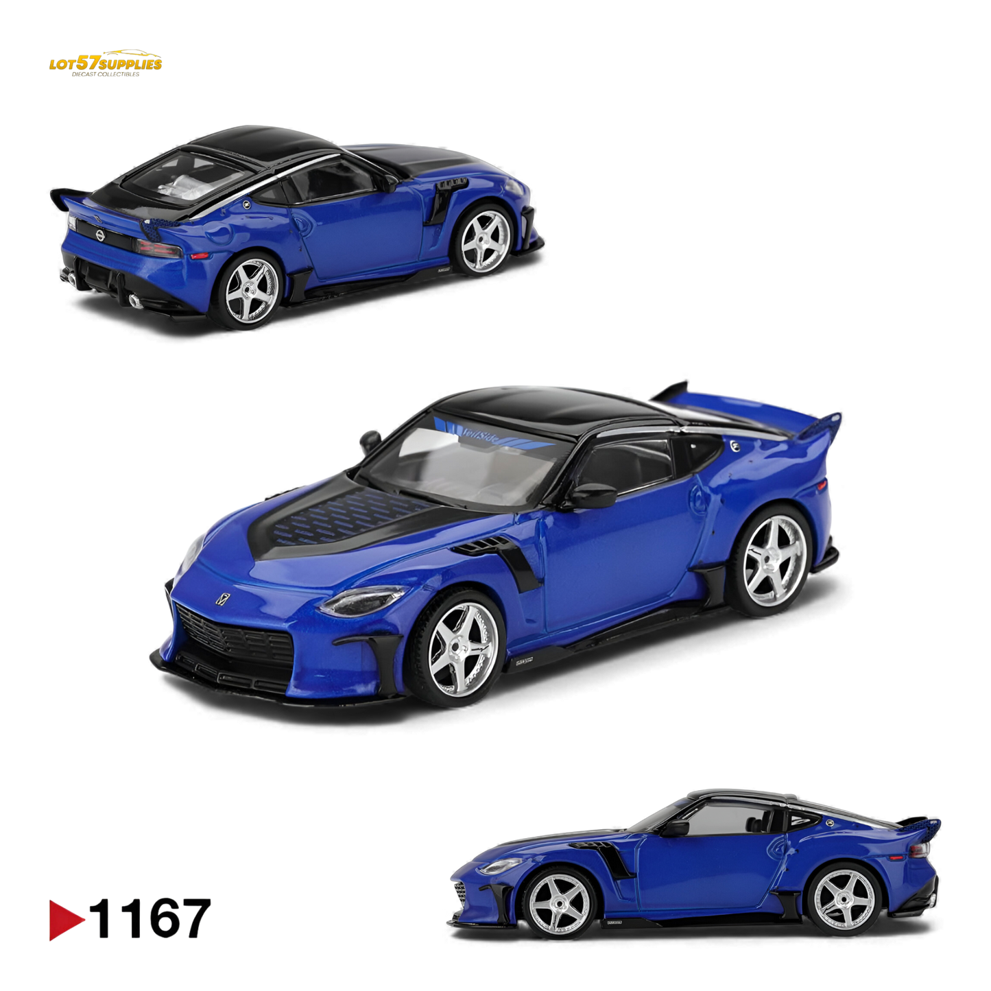 Mini GT Nissan Z VeilSide FFZ400 diecast model in Seiran Blue, 1:64 scale, showcasing detailed exterior and sleek design.