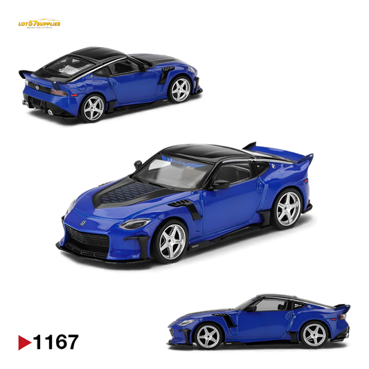 Mini GT Nissan Z VeilSide FFZ400 diecast model in Seiran Blue, 1:64 scale, showcasing detailed exterior and sleek design.