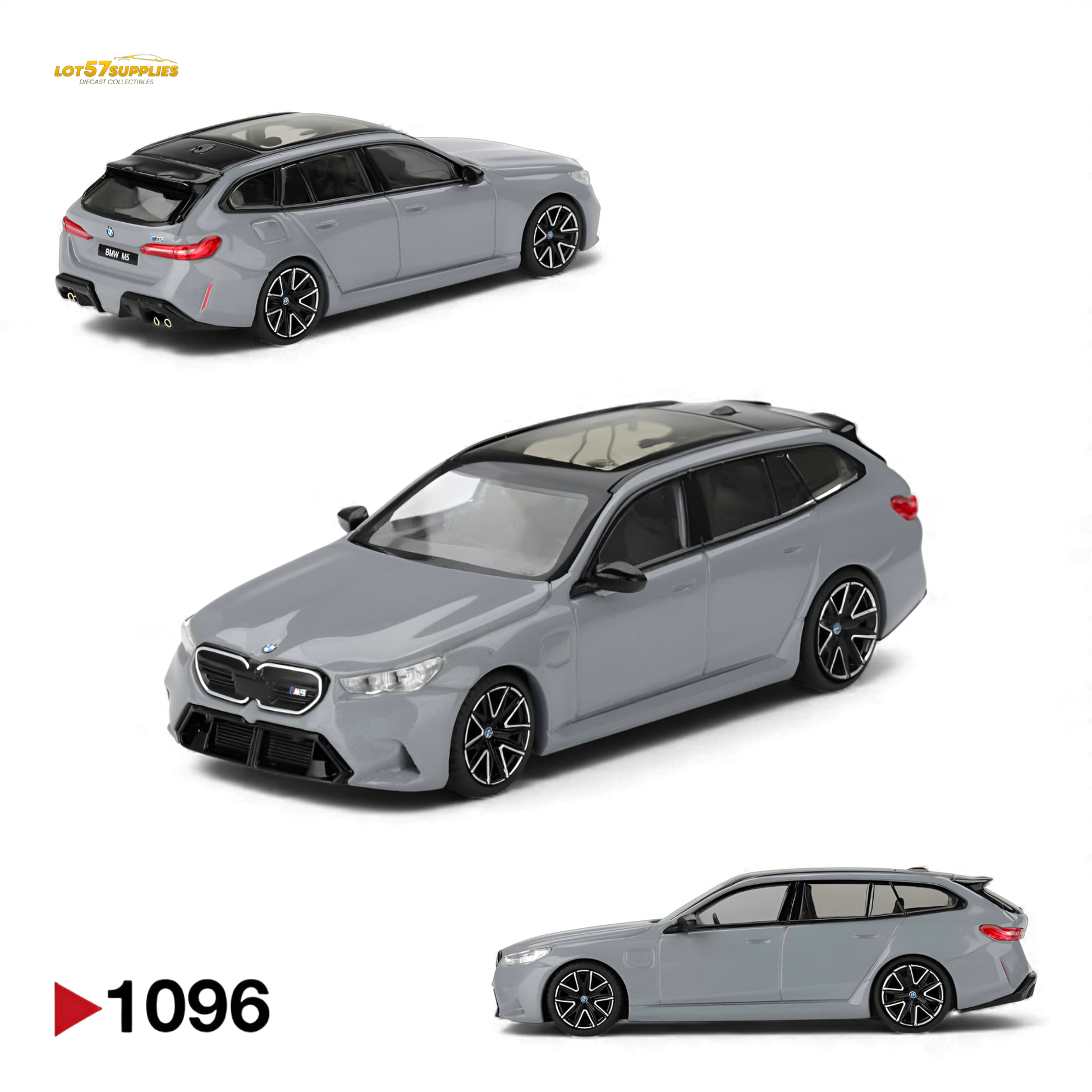 Mini GT BMW M5 Touring diecast model in Brooklyn Grey Metallic, 1:64 scale, detailed BMW car collectible.