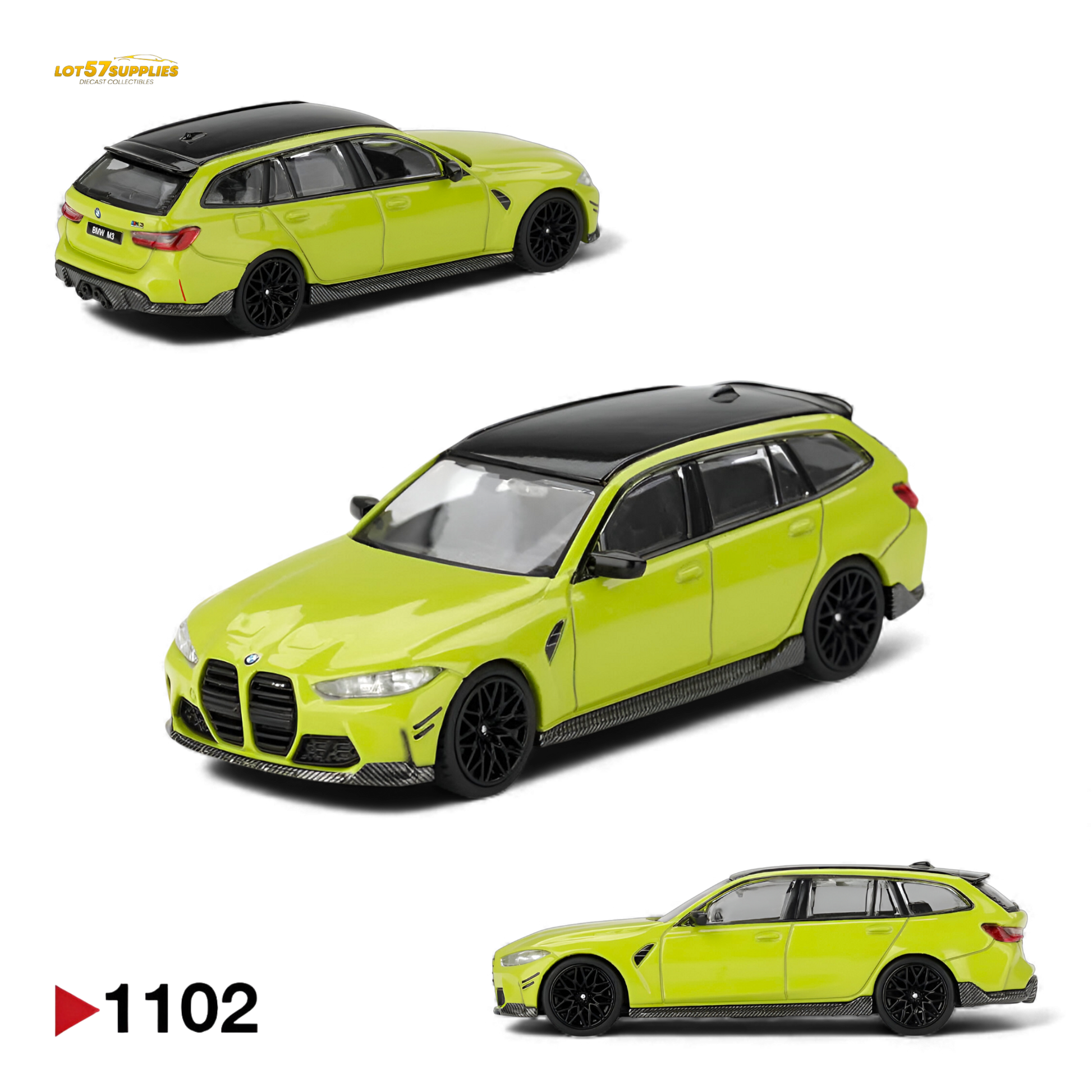 Mini GT BMW M3 M Performance Touring diecast model, 1:64 scale, detailed silver sports car in a display setting