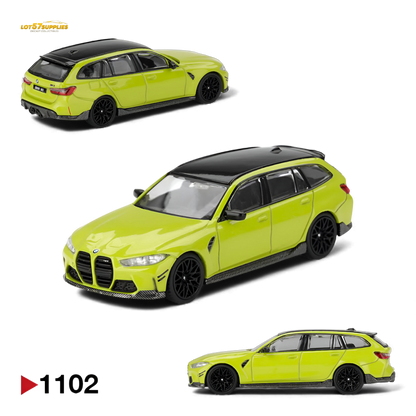 Mini GT BMW M3 M Performance Touring diecast model, 1:64 scale, detailed silver sports car in a display setting