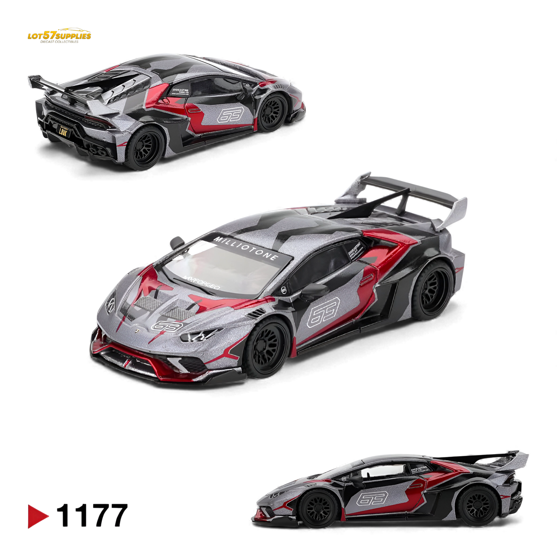 Mini GT Lamborghini Huracan GT RONIN diecast model in 1:64 scale, detailed Lamborghini LB Works design, black and yellow color scheme.