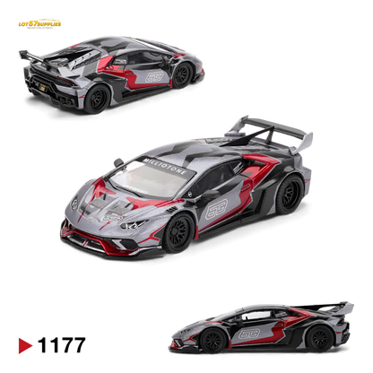 Mini GT Lamborghini Huracan GT RONIN diecast model in 1:64 scale, detailed Lamborghini LB Works design, black and yellow color scheme.