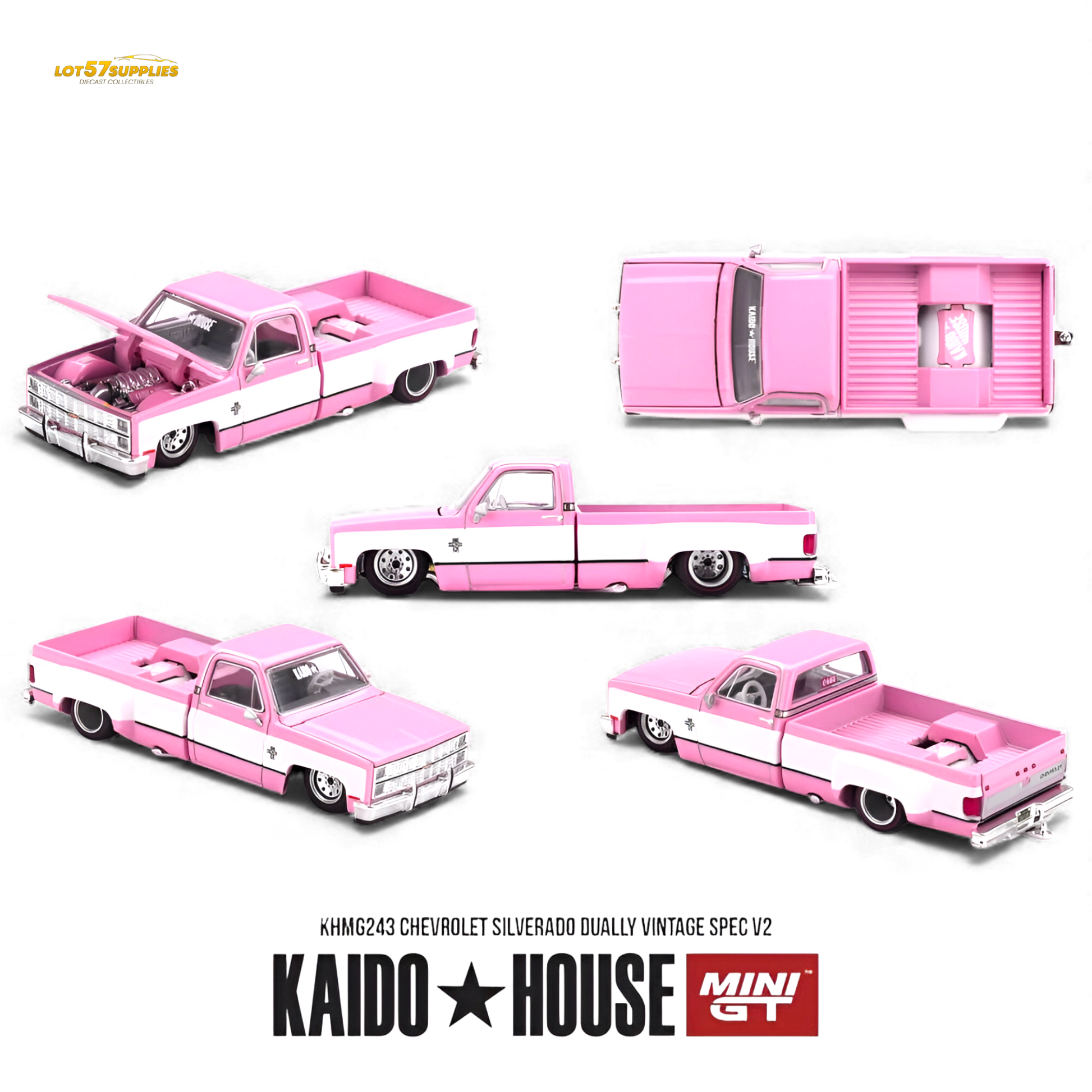 Pink Chevy Silverado Dually diecast truck by Mini GT x Kaido House, 1:64 scale, detailed model with realistic features.