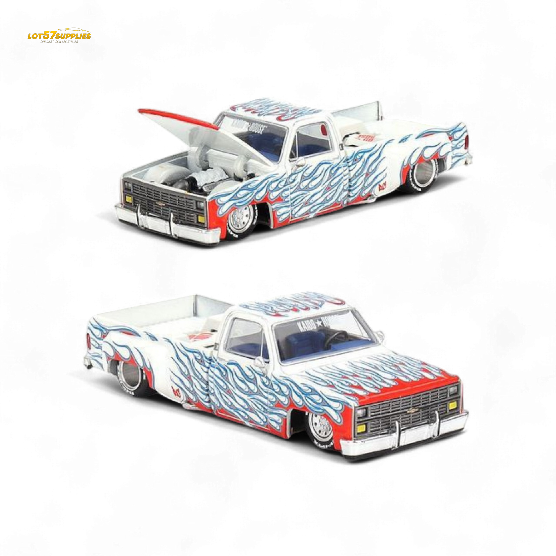 Mini GT x Kaido House Chevrolet Silverado Dually On Fire V2 1:64 - Evergreen Kings