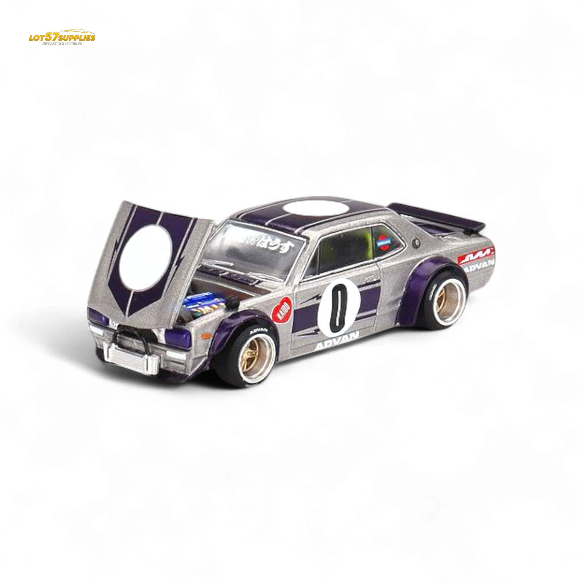 Mini GT x Kaido House Nissan Skyline KPCG10 diecast model in 1:64 scale, detailed silver Nissan sports car with black accents.