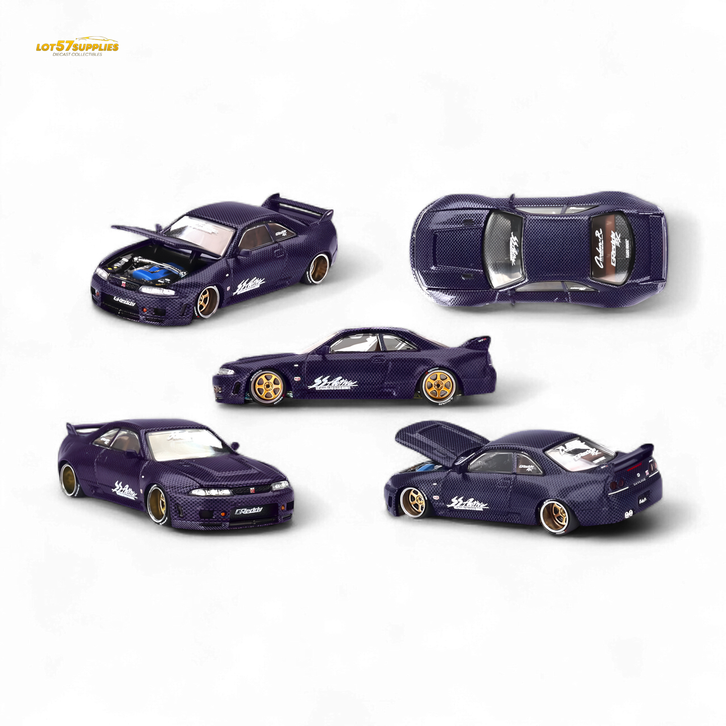 Purple Mini GT Nissan Skyline GT-R R33 diecast model in 1:64 scale, detailed miniature car from Lot57Supplies Diecast Shop.
