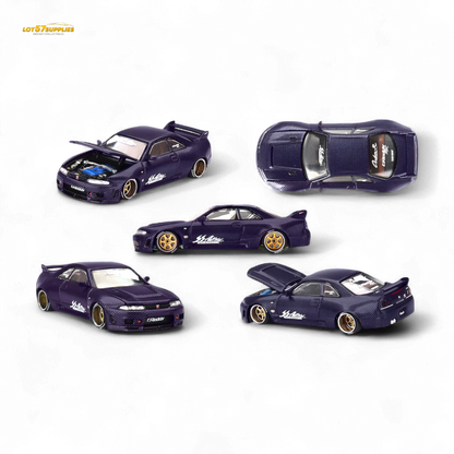 Purple Mini GT Nissan Skyline GT-R R33 diecast model in 1:64 scale, detailed miniature car from Lot57Supplies Diecast Shop.