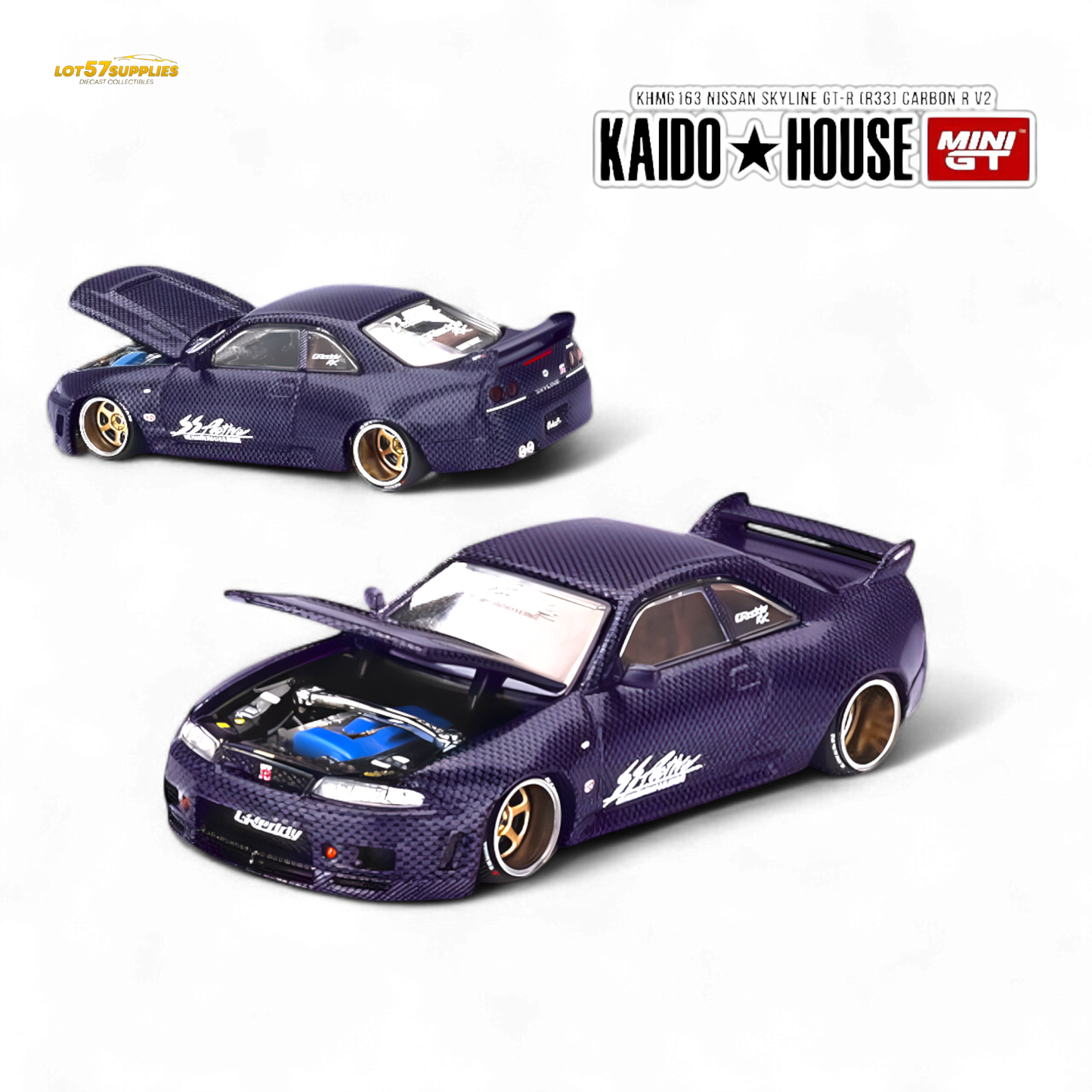 Mini GT Nissan Skyline GT-R R33 diecast model in purple, 1:64 scale, showcasing detailed features and authentic design.