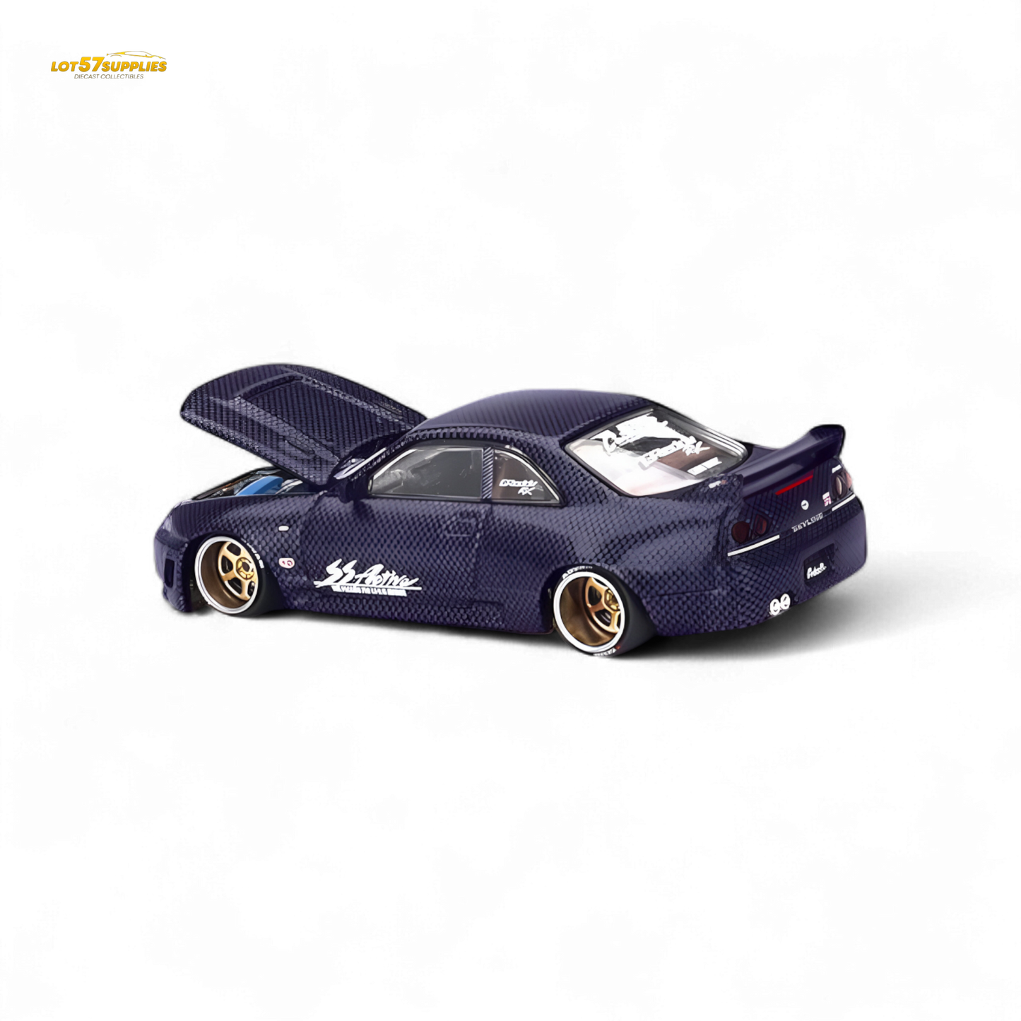 Mini GT Nissan Skyline GT-R R33 diecast model in purple, 1:64 scale, detailed Nissan sports car by Lot57Supplies Diecast Shop
