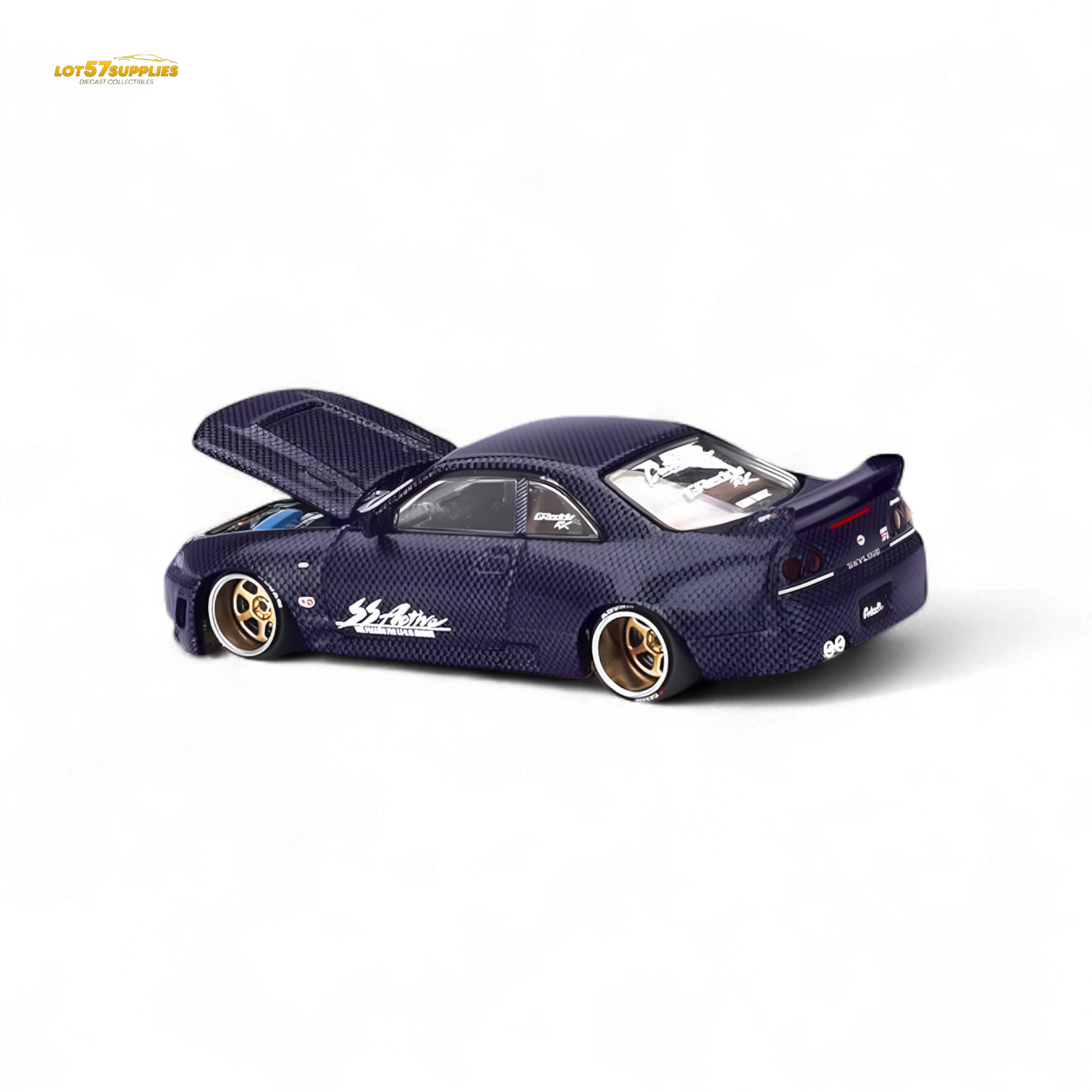 Mini GT Nissan Skyline GT-R R33 diecast model in purple, 1:64 scale, detailed Nissan sports car by Lot57Supplies Diecast Shop