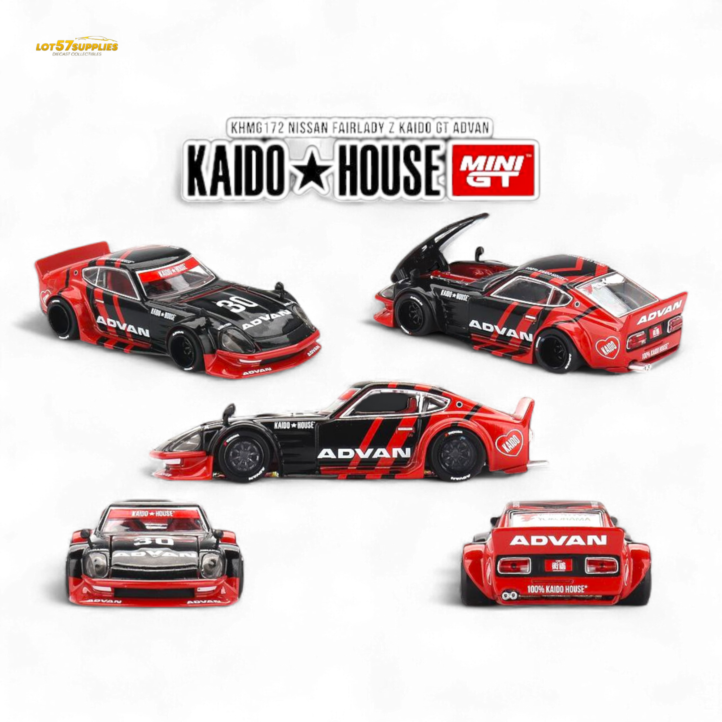 Mini GT Nissan Fairlady Z diecast car with ADVAN livery in 1:64 scale, detailed model from Lot57Supplies Diecast Shop.