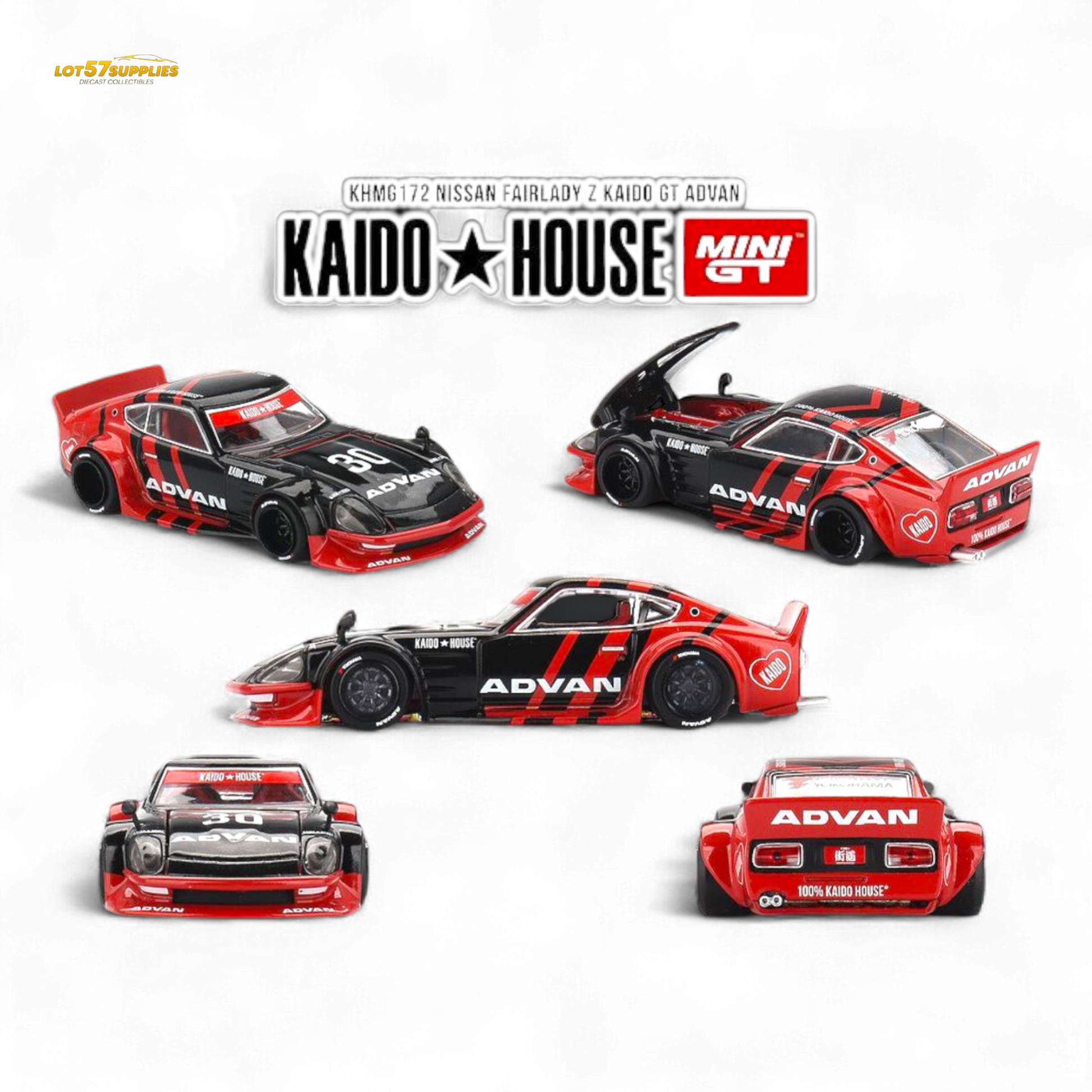 Mini GT Nissan Fairlady Z diecast car with ADVAN livery in 1:64 scale, detailed model from Lot57Supplies Diecast Shop.