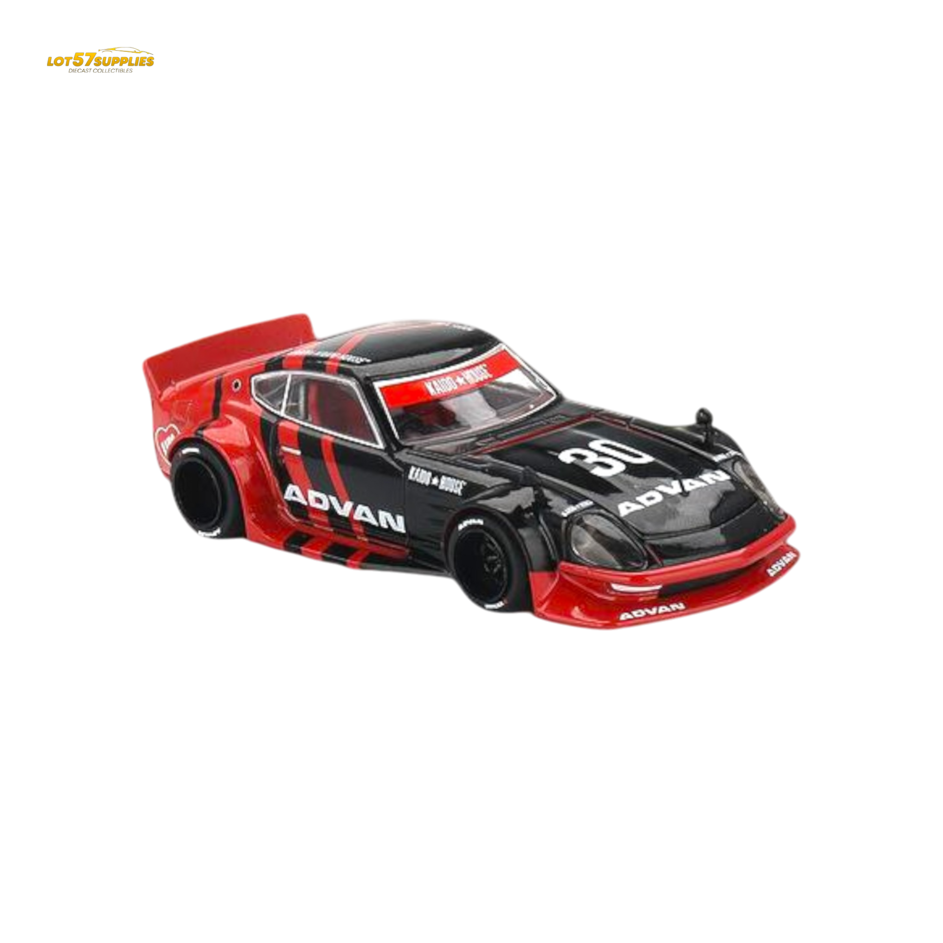 Mini GT x Kaido House Nissan Fairlady Z diecast model in ADVAN livery, 1:64 scale, detailed Nissan car with vibrant decals.