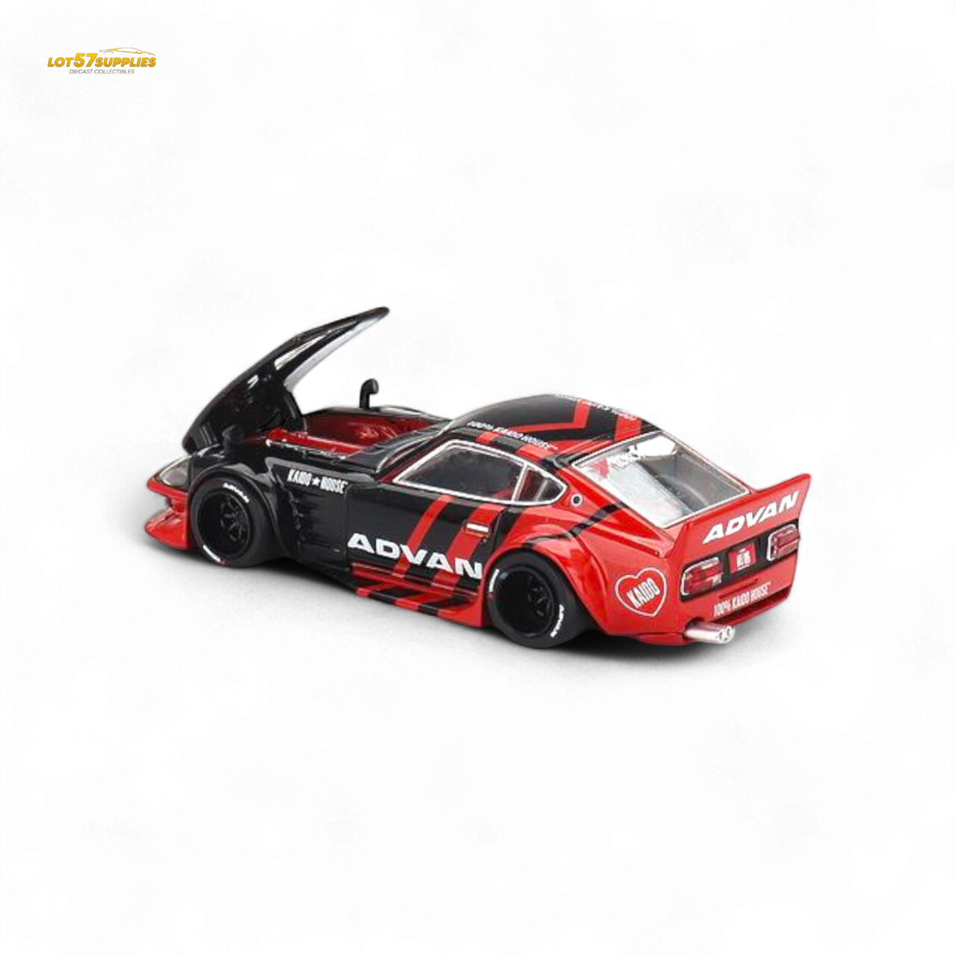 Mini GT x Kaido House Nissan Fairlady Z diecast car in ADVAN livery, detailed 1:64 scale Nissan model with vibrant graphics.