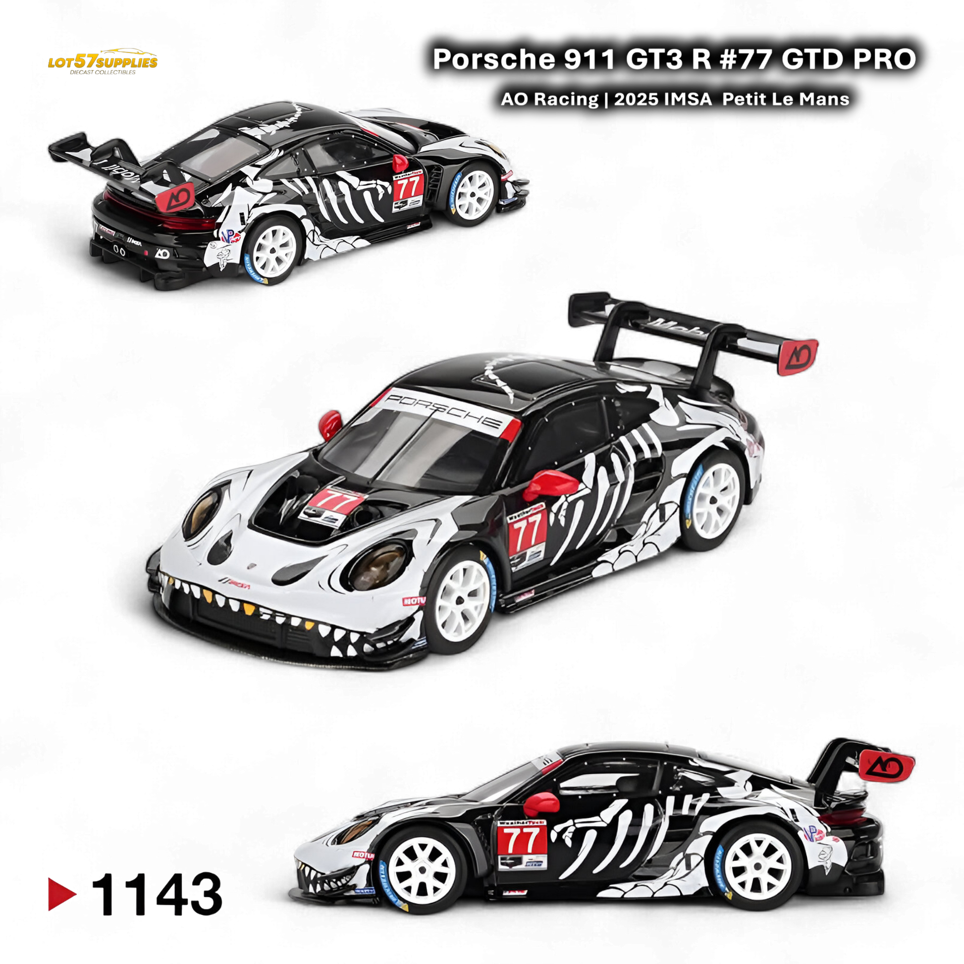 MiniGT Porsche 911 GT3 R Skeleton 1:64 diecast model in black with detailed skeleton design, side view.