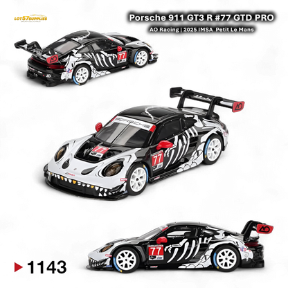MiniGT Porsche 911 GT3 R Skeleton 1:64 diecast model in black with detailed skeleton design, side view.