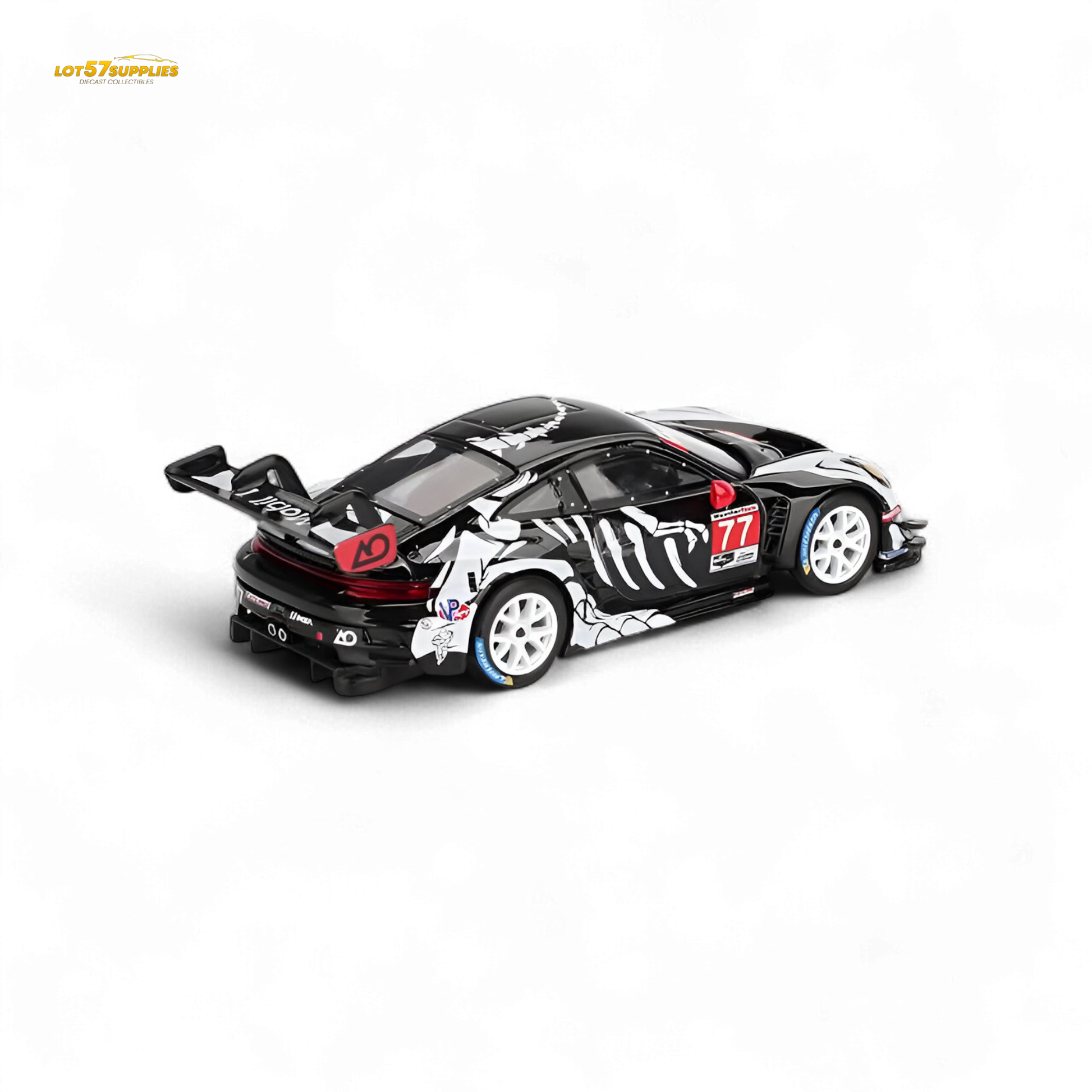 MiniGT Porsche 911 GT3 R Skeleton diecast car in 1:64 scale, detailed model with skeleton design, black and orange accents.
