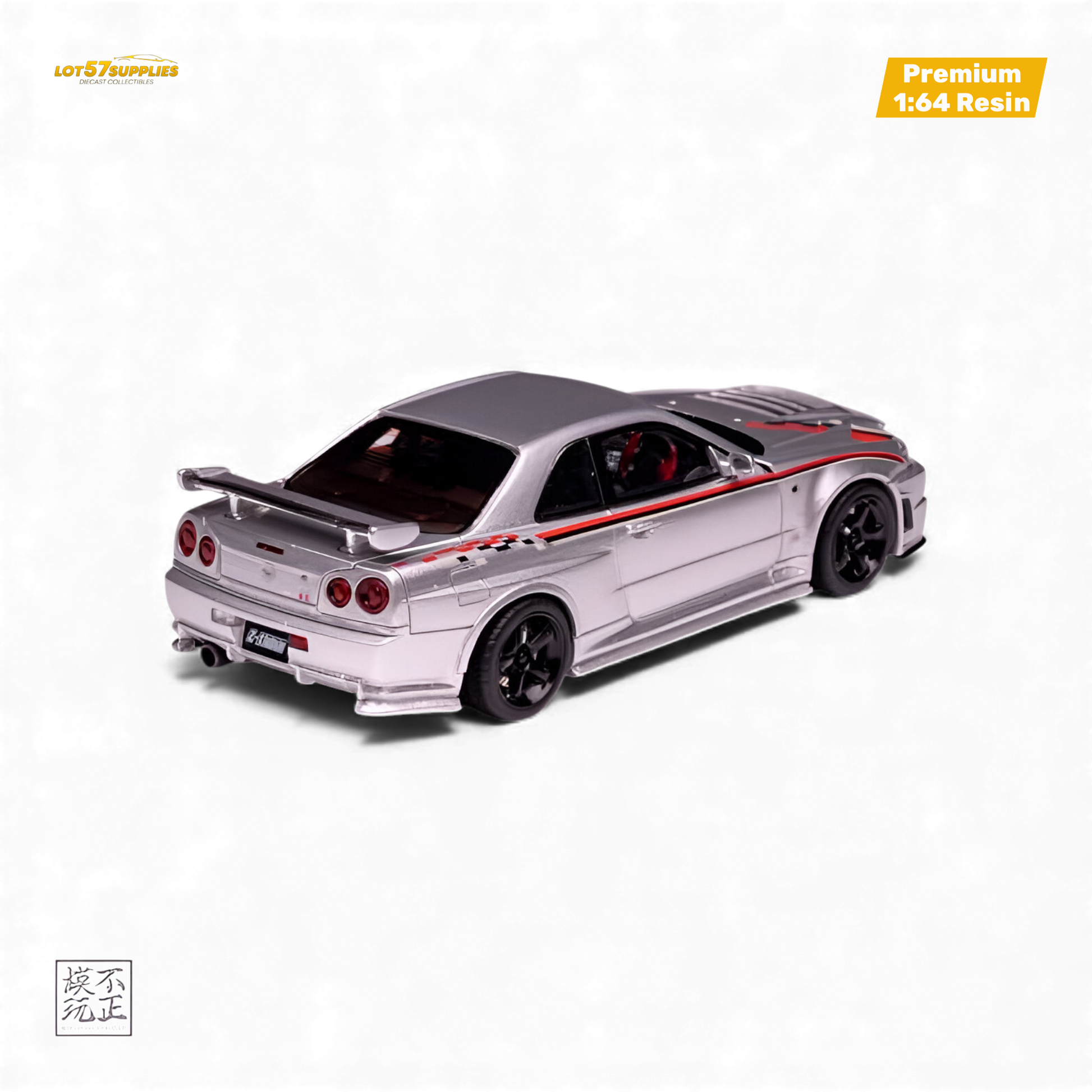 Silver Nissan Skyline GT-R R34 Z-TUNE Nismo Edition diecast car in 1:64 scale, detailed model from Lot57Supplies Diecast Shop.
