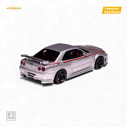 Silver Nissan Skyline GT-R R34 Z-TUNE Nismo Edition diecast car in 1:64 scale, detailed model from Lot57Supplies Diecast Shop.