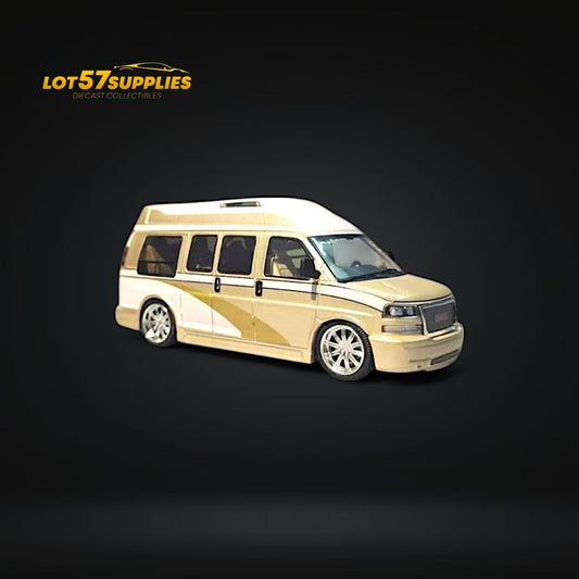 GOC GMC Savana Champagne Gold Edition diecast model vehicle in 1:64 scale, detailed GMC commercial truck collectible.