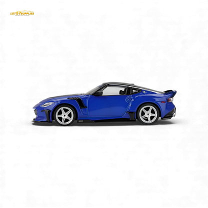 Mini GT Nissan Z VeilSide FFZ400 diecast model in Seiran Blue, 1:64 scale, detailed Nissan collectible car.