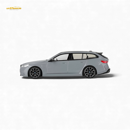 Mini GT BMW M5 Touring diecast model in Brooklyn Grey Metallic, 1:64 scale, detailed BMW car replica.