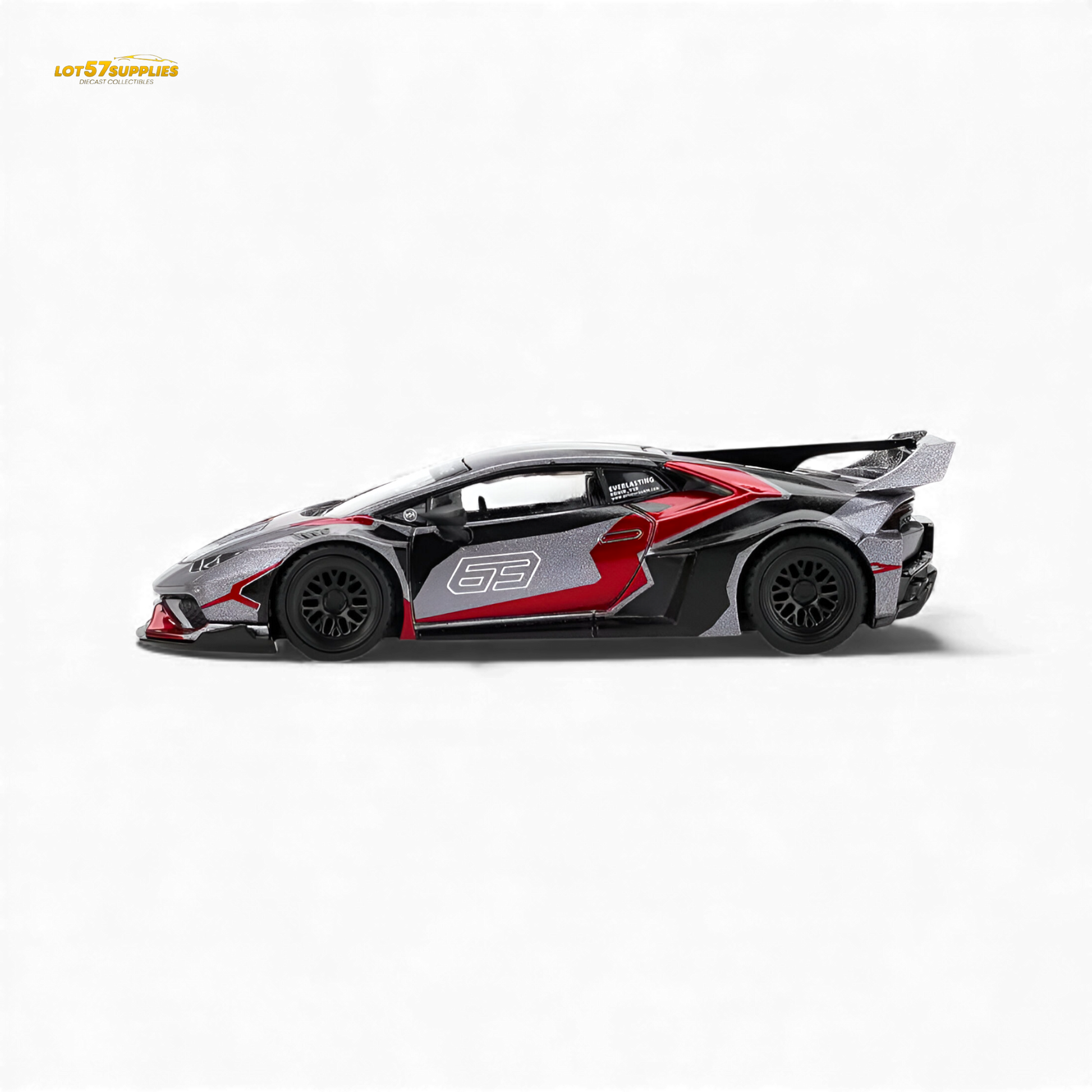 Mini GT Lamborghini Huracan GT RONIN diecast model in 1:64 scale, detailed LB Works Lamborghini replica with vibrant colors.