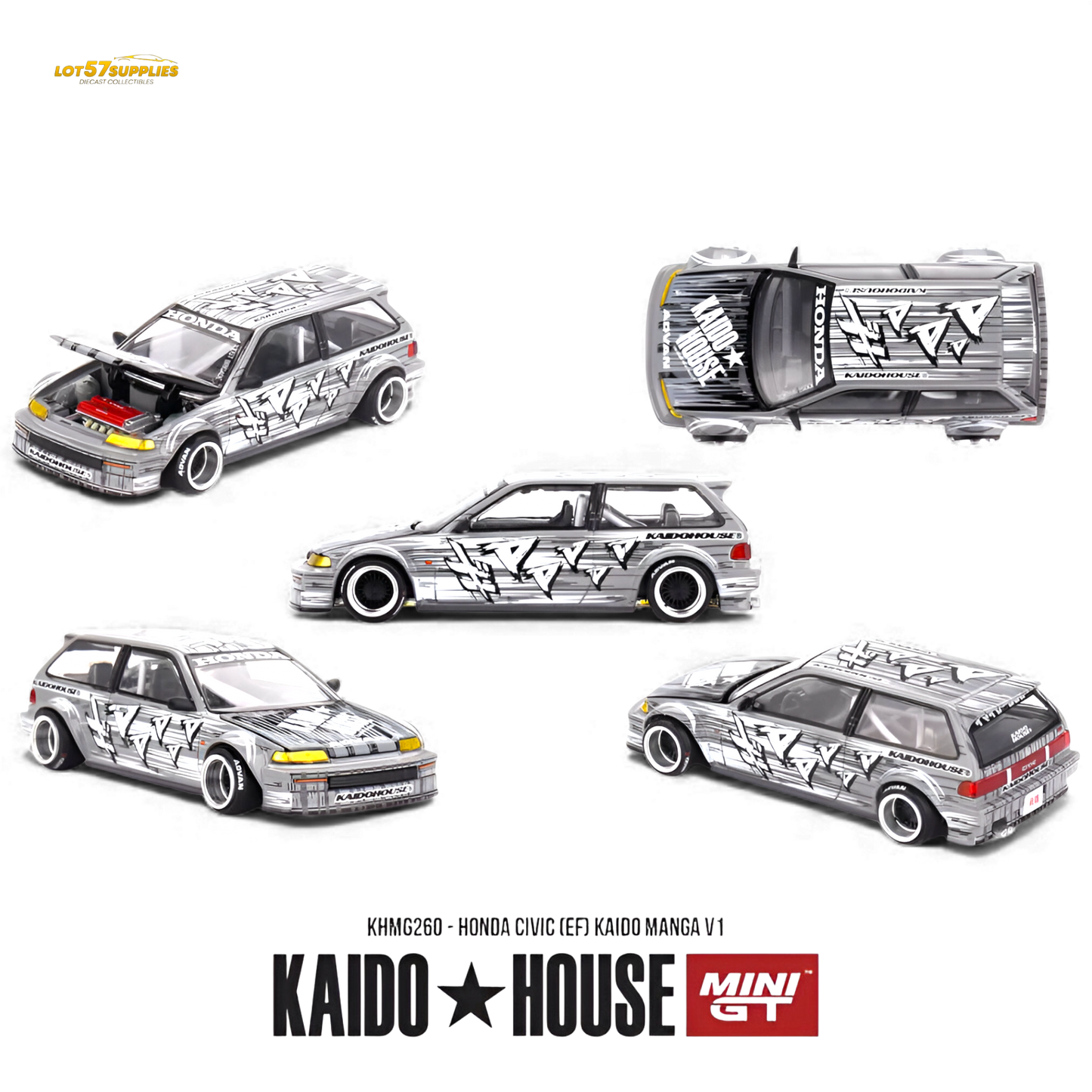 Mini GT x Kaido House Honda Civic EF diecast model in 1:64 scale, detailed Honda car replica featuring vibrant design details.