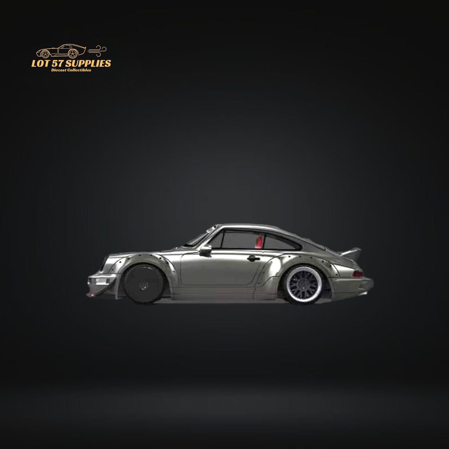 Liquid silver Porsche RWB 964 diecast model with ducktail spoiler, detailed scale model from Lot57Supplies.