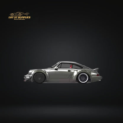 Liquid silver Porsche RWB 964 diecast model with ducktail spoiler, detailed scale model from Lot57Supplies.