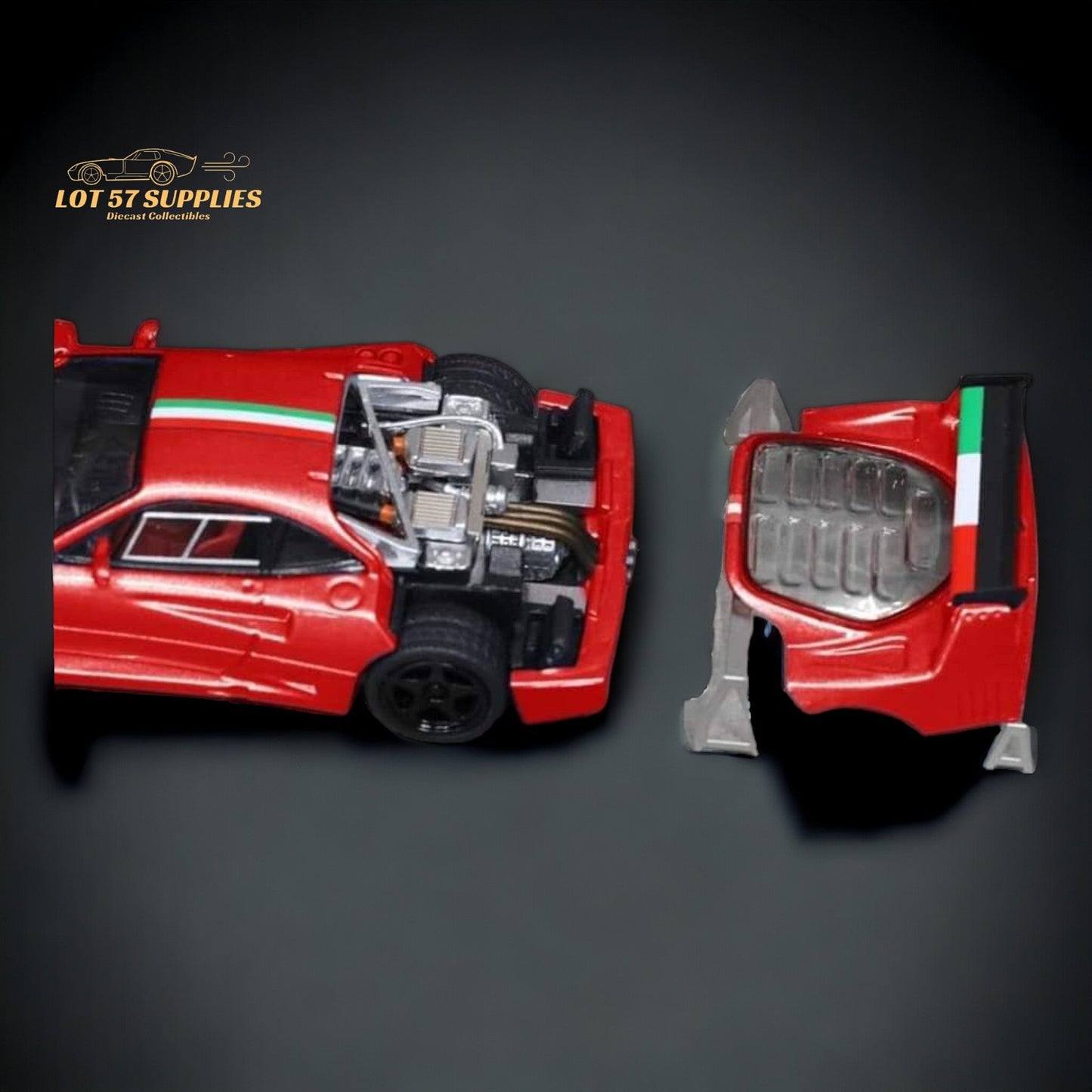 Red Ferrari 1:64 diecast model with Italian stripes from Stance Hunters Ferrari F40 LM, detailed and realistic appearance.