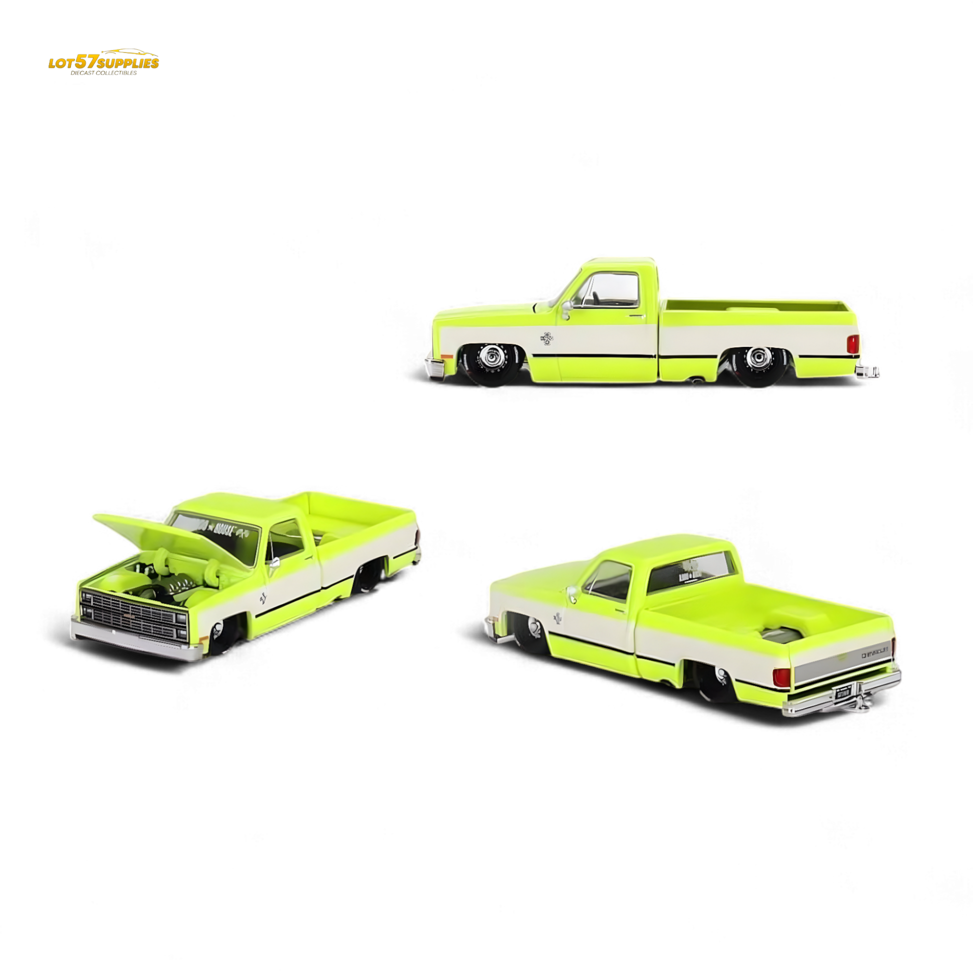 Mini GT x Kaido House Chevrolet Silverado FLO Yellow diecast model in 1:64 scale, yellow Chevrolet pickup truck with detailed features.