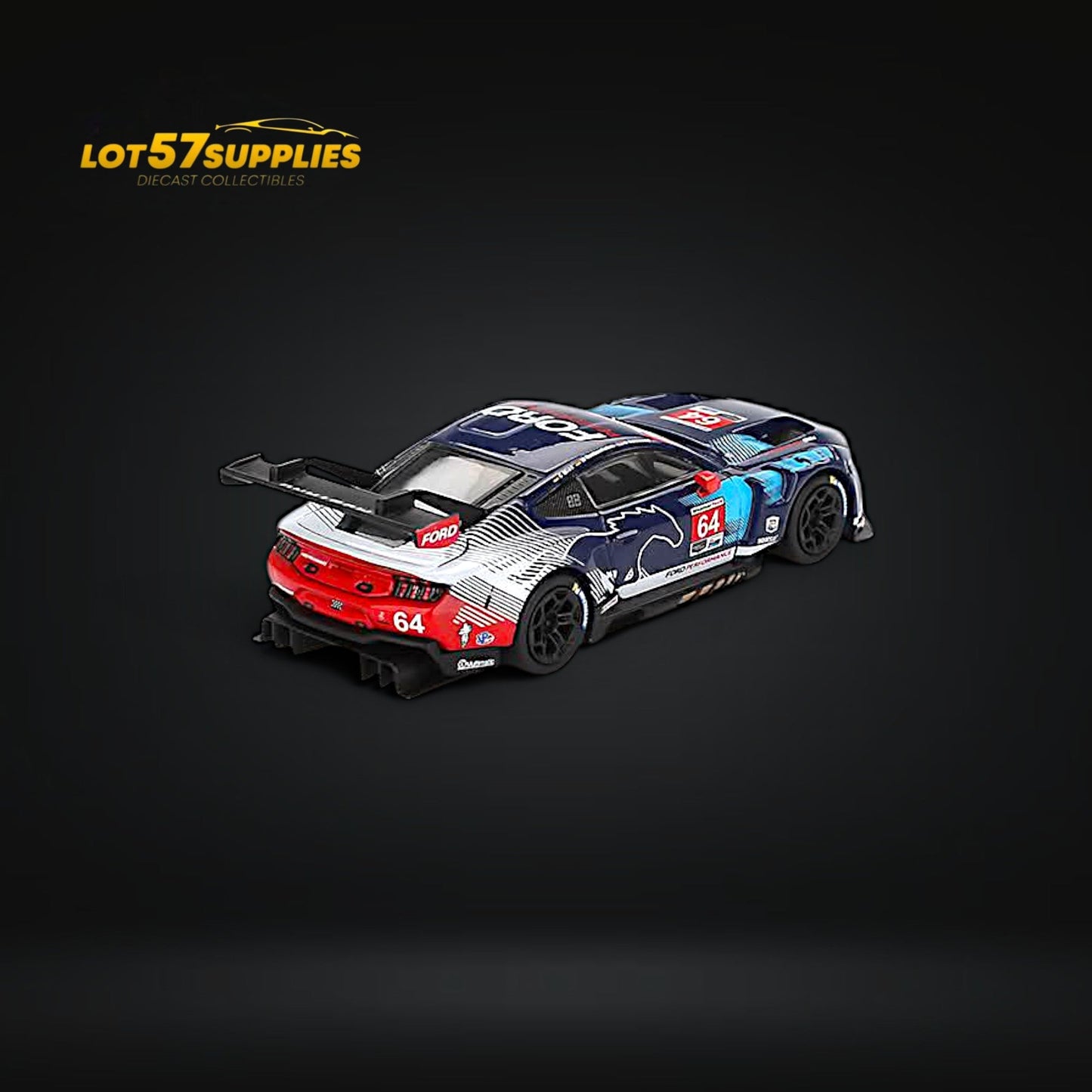 Mini-GT Ford Mustang GT3 diecast model in 1:64 scale, detailed replica from Lot57Supplies Diecast Shop, shown in a close-up view.