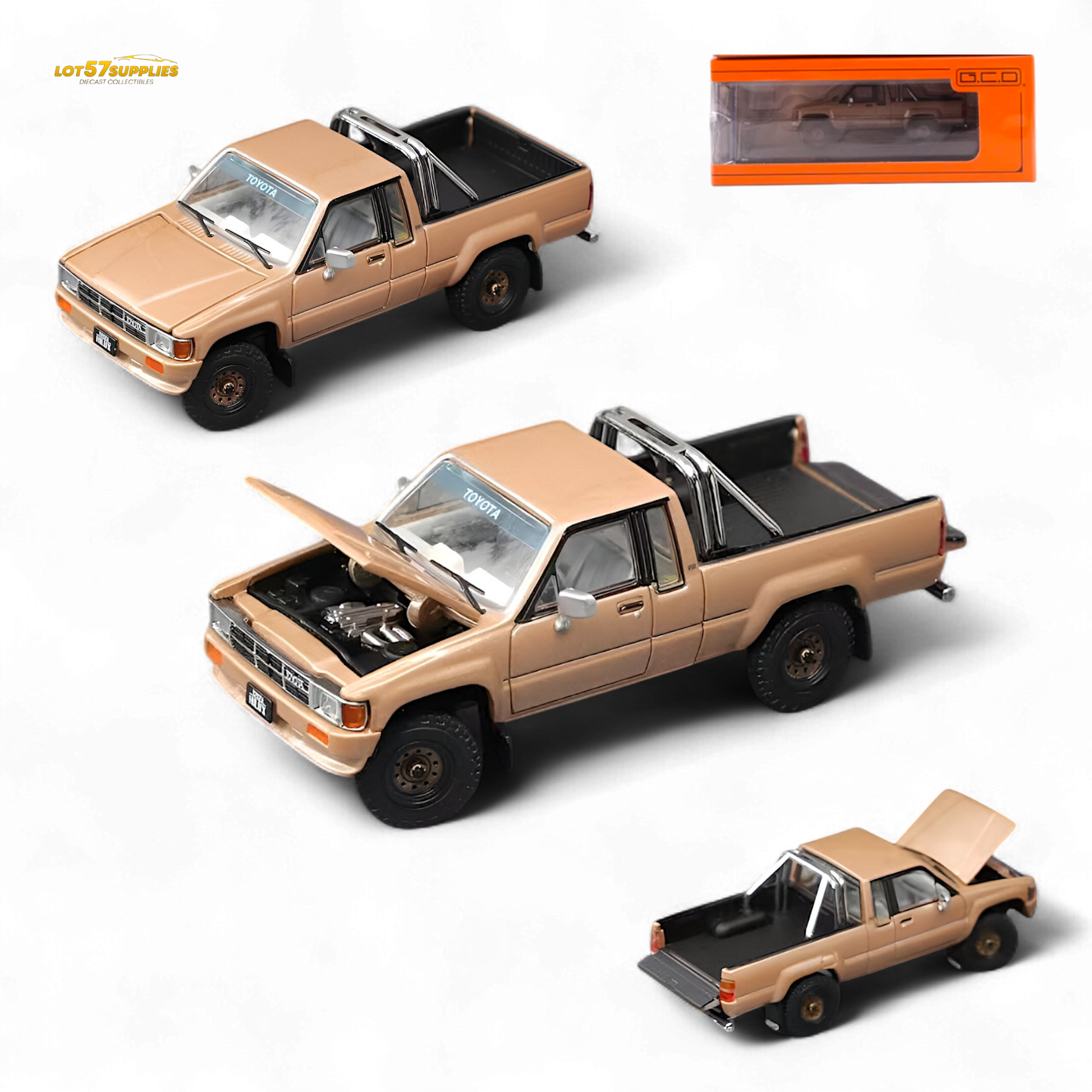 Gold Toyota Hilux SR5 diecast model in 1:64 scale by Lot57Supplies Diecast Shop, detailed toy car with realistic features.