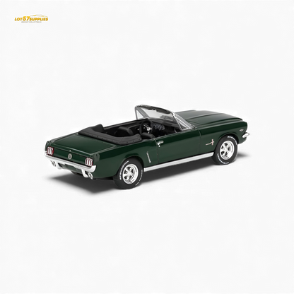 Mini-GT Ford Mustang Convertible diecast model in 1:64 scale, detailed yellow Ford car with open convertible top.