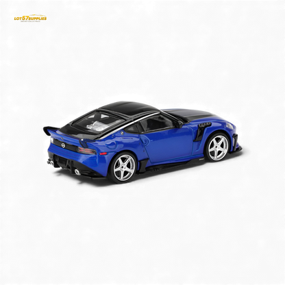 Mini GT Nissan Z VeilSide FFZ400 diecast model in Seiran Blue, 1:64 scale, featuring detailed exterior design.
