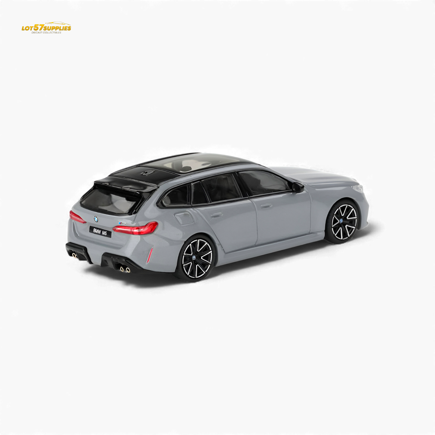 Mini GT BMW M5 Touring diecast model in Brooklyn Grey Metallic, 1:64 scale, detailed BMW vehicle for collectors.