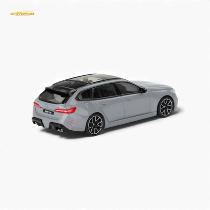 Mini GT BMW M5 Touring diecast model in Brooklyn Grey Metallic, 1:64 scale, detailed BMW vehicle for collectors.