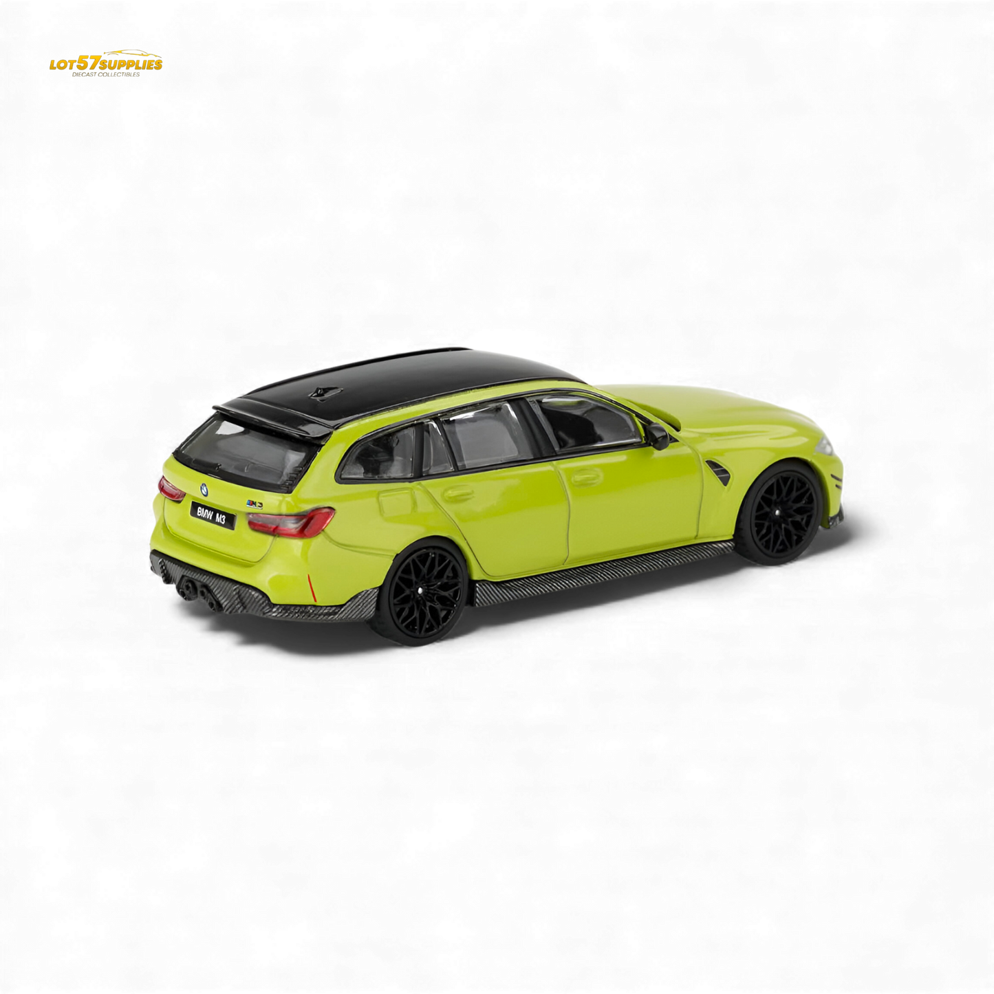 Mini GT BMW M3 M Performance Touring diecast model in 1:64 scale, detailed black and silver BMW car, front view.